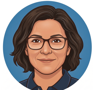 Professional digital illustration of a woman with glasses and short brown hair on a blue background.