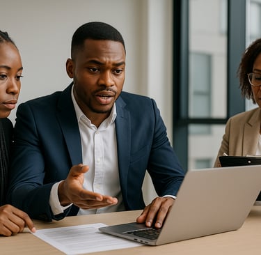 a man and woman sitting at a table with a laptop