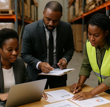 a man and woman in a warehouse setting