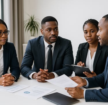 a group of business people sitting around a table