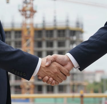two people shaking hands over a wooden table
