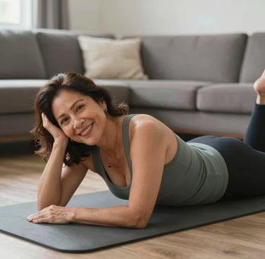 Close-up of hands gently holding a Pilates ring during an online class.