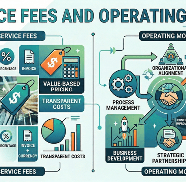 Diagram of service fees and operating models showing subscription plans and business process management.