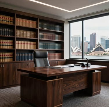 A professional photography of a high-end Australian legal office with a large dark wood desk, bookshelves containing legal volumes, and a view of the Sydney skyline. Clean, authoritative, and professional lighting.