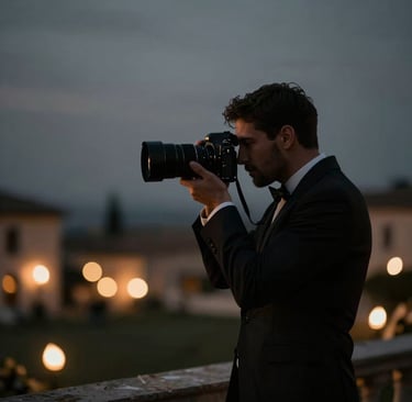 A cinematic silhouette of a photographer capturing a moment at a luxury Southern European wedding. The background features warm out-of-focus lights in muted gold and slate gray tones against a dark charcoal night sky. Elegant and professional aesthetic.