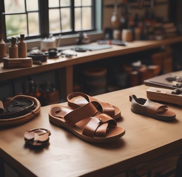 Artisan's hands polishing golden details on a fresh made-to-order shoe in an atelier