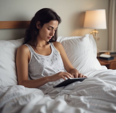 Person comfortably reading an ebook on a tablet in a bright, modern living room.