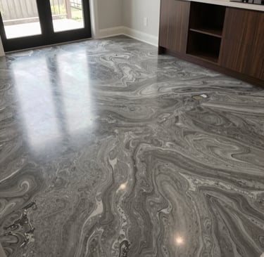 High-resolution image of a polished concrete resurfaced floor with epoxy gloss accents