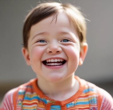 A smiling child with Down syndrome painting colorful artwork with vibrant brushes.