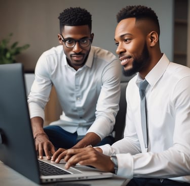 Team members collaborating over laptops and paperwork in a modern conference room.