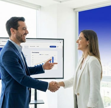 a man and woman shaking hands in front of a large screen