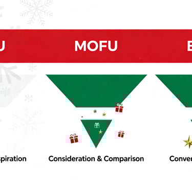 Christmas marketing funnel infographic showing TOFU, MOFU and BOFU stages from awareness to purchase