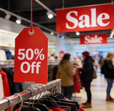 Boxing Day retail store display with discount signage and shoppers browsing sale items