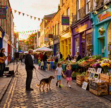 a man walking down a cobblestone street in a city