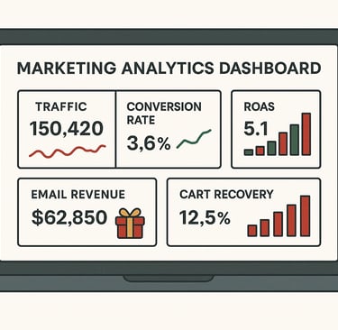 Analytics dashboard tracking Christmas marketing KPIs like traffic, conversion rate and ROAS