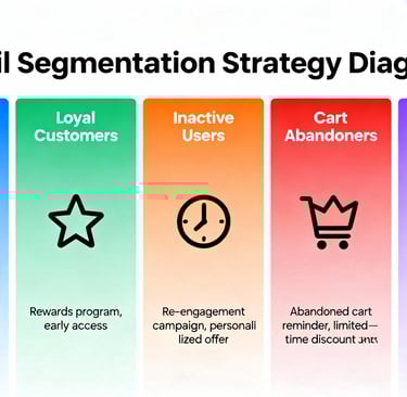 Email segmentation diagram for customer segments: new subscribers, loyal, inactive, cart abandoners