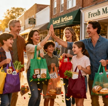 a family of four people holding shopping bags from local stores