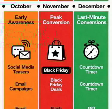 3-phase holiday marketing timeline: October awareness, November peak sales, December conversions