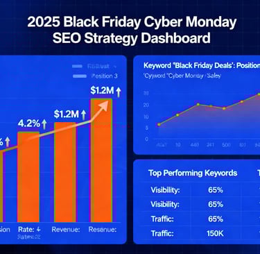 Black Friday Cyber Monday 2025 SEO strategy digital marketing dashboard showing conversion metrics 