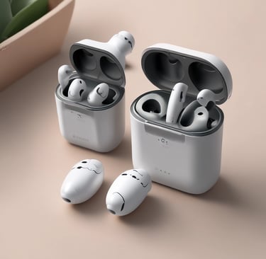 Wireless earbuds resting in their compact charging case