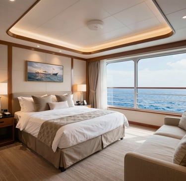 A spacious, minimalist suite with floor-to-ceiling windows overlooking the ocean.