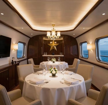 Michelin-star dining setup aboard a luxury cruise ship with ocean views.