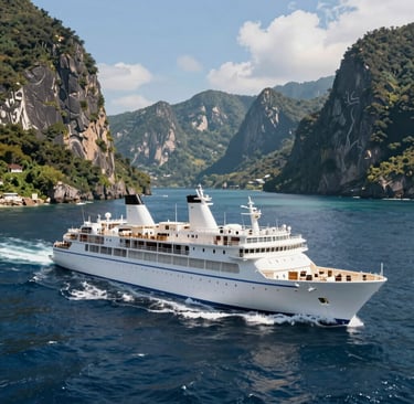 A panoramic view of an exclusive itinerary destination with crystal-clear waters and lush greenery.