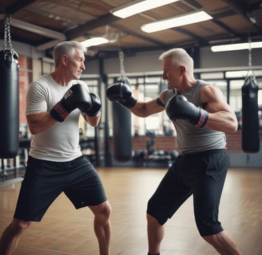 A pair of worn boxing gloves hanging on a hook against a black brick wall.