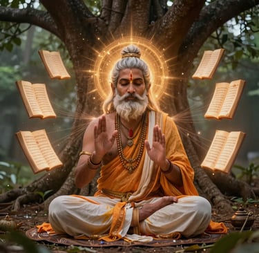 A serene temple courtyard bathed in golden light at dawn, with soft orange hues blending into the sky.