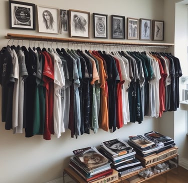 A rack of music and film themed t-shirts hanging in the shop