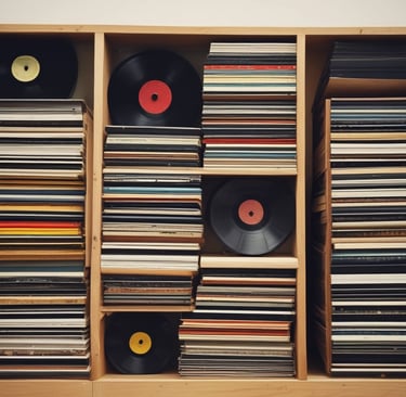 a wooden record player's record album shelf with record records