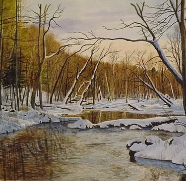 A serene winter landscape painting of a frozen river flowing through a snowy forest at sunset.