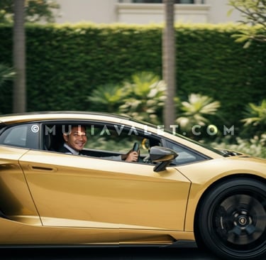 a MULIA VALET attendant driving a gold Lamborghini