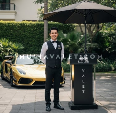 a MULIA VALET attendant in a suit and tie standing in front of a car