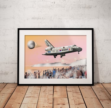 Framed print of shuttle above beachgoers at Maho Beach