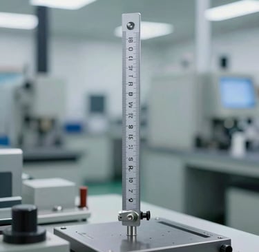 Close-up of inspection tools measuring parts with precision against a navy and white background.