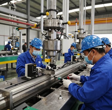 Workers in navy blue uniforms performing quality checks on electronic components.