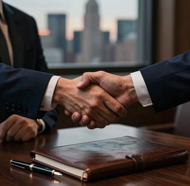 Two professionals shaking hands in front of a large window overlooking a city skyline, symbolizing partnership.