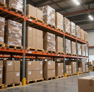 Modern US-based warehouse interior with organized shelves and staff preparing shipments.