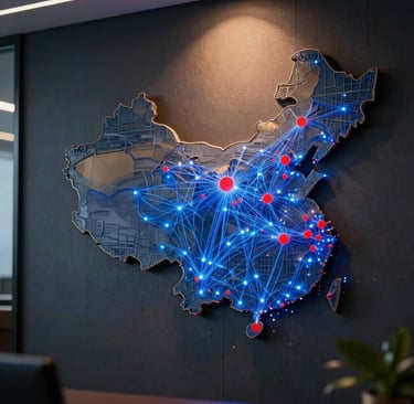 A digital map highlighting trade routes between China and the USA with glowing connection points.