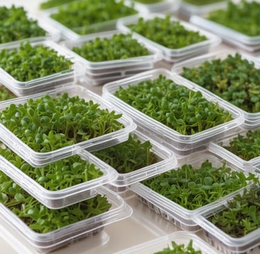 Close-up of fresh radish microgreens with vibrant green leaves and delicate red stems.