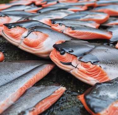Stacks of salmon fillets carefully packed in insulated containers, prepared for shipment worldwide.