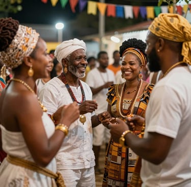 An image of a devotee dressed in yellow and gold, holding a ritual object in a peaceful outdoor setting.