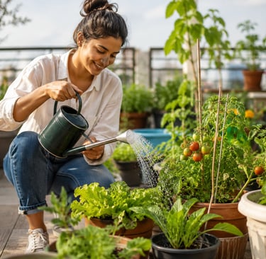 Beginner gardener watering healthy vegetable and flower plants in a sunny home garden
