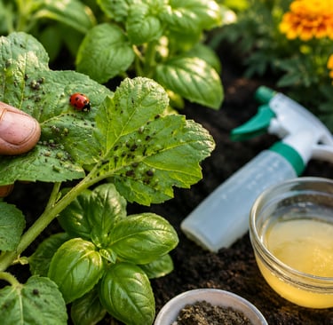 Common garden pests on vegetable plants and natural pest control methods including ladybugs and orga