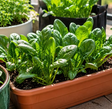 Healthy spinach plants growing in a shallow container on a sunny balcony garden with lush green leav
