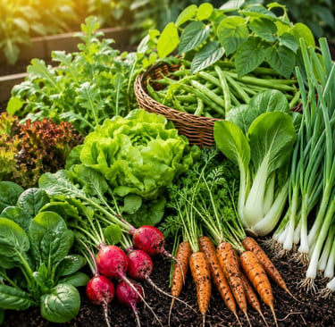 Fresh harvest of fast-growing vegetables including lettuce, spinach, radishes, carrots, bok choy, gr