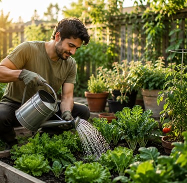 Beginner gardener watering healthy vegetable and flower plants in a sunny home garden
