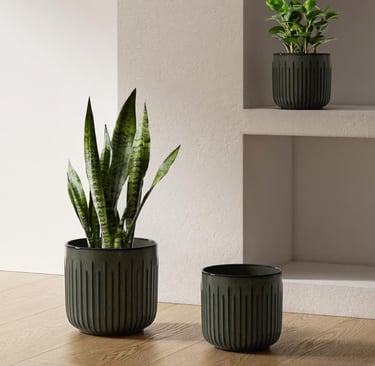 Dark olive fluted ceramic indoor plant pots with drainage holes, ideal for snake plants