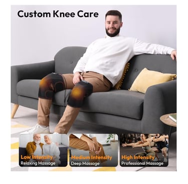 Quinear knee massager for pain relief being used at home for sore knees.